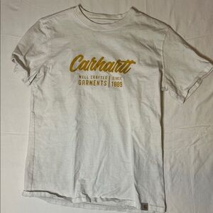 Carhartt White Tee with Gold Print  size is kids 8-10 but fits like a S/M